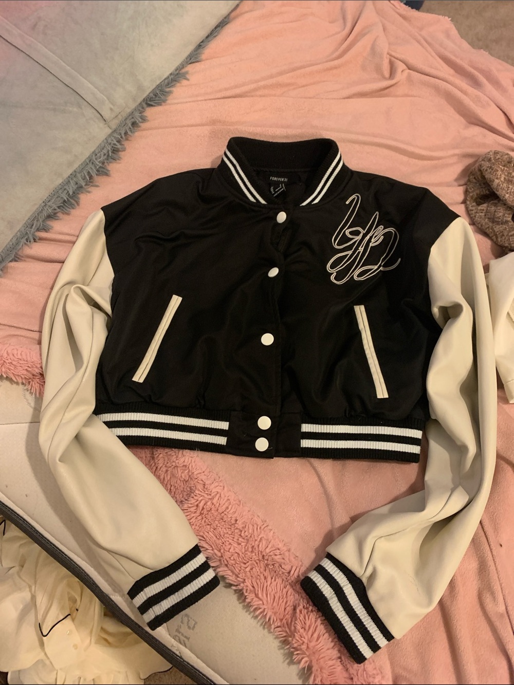 Black & White Cropped Leather Varsity Jacket with Contrast Sleeves